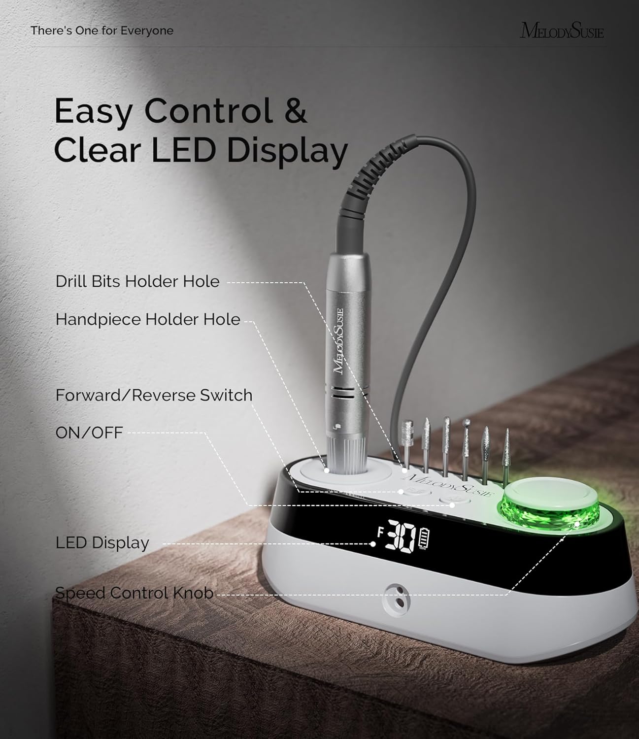 Detalle de MelodySusie SC320A Advanced Desktop Rechargeable Nail Drill with Built-in Storage