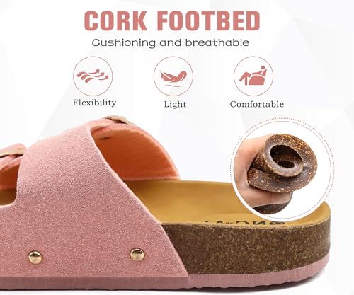 Detalle 2 de ONCAI Damen Pantolette Bequeme Hausschuhe mit Kork-Fußbett, Suede Rosa (Größe 39 EU)