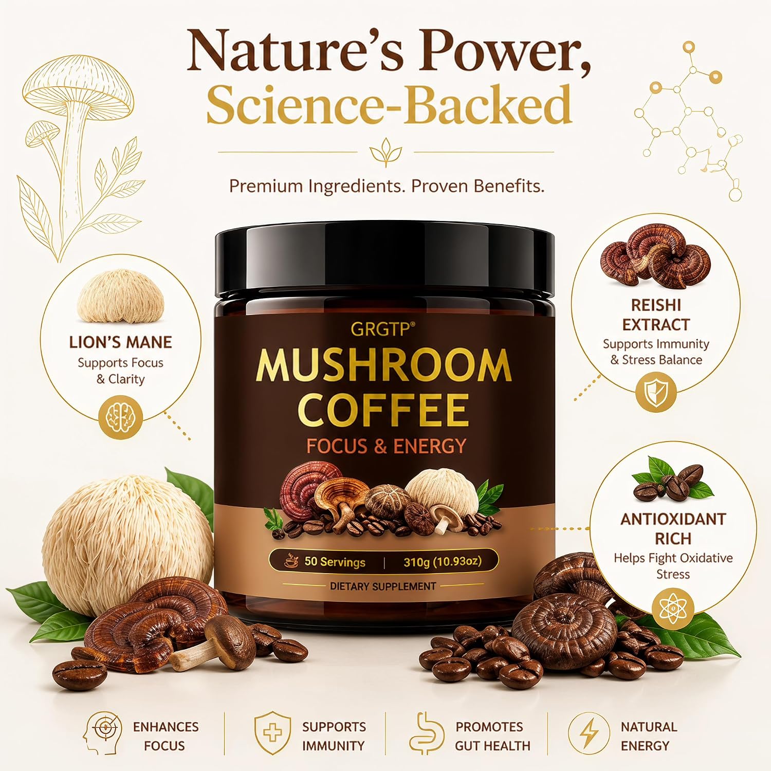 Detalle de GRGTP Mushroom Coffee with 6 Adaptogens
