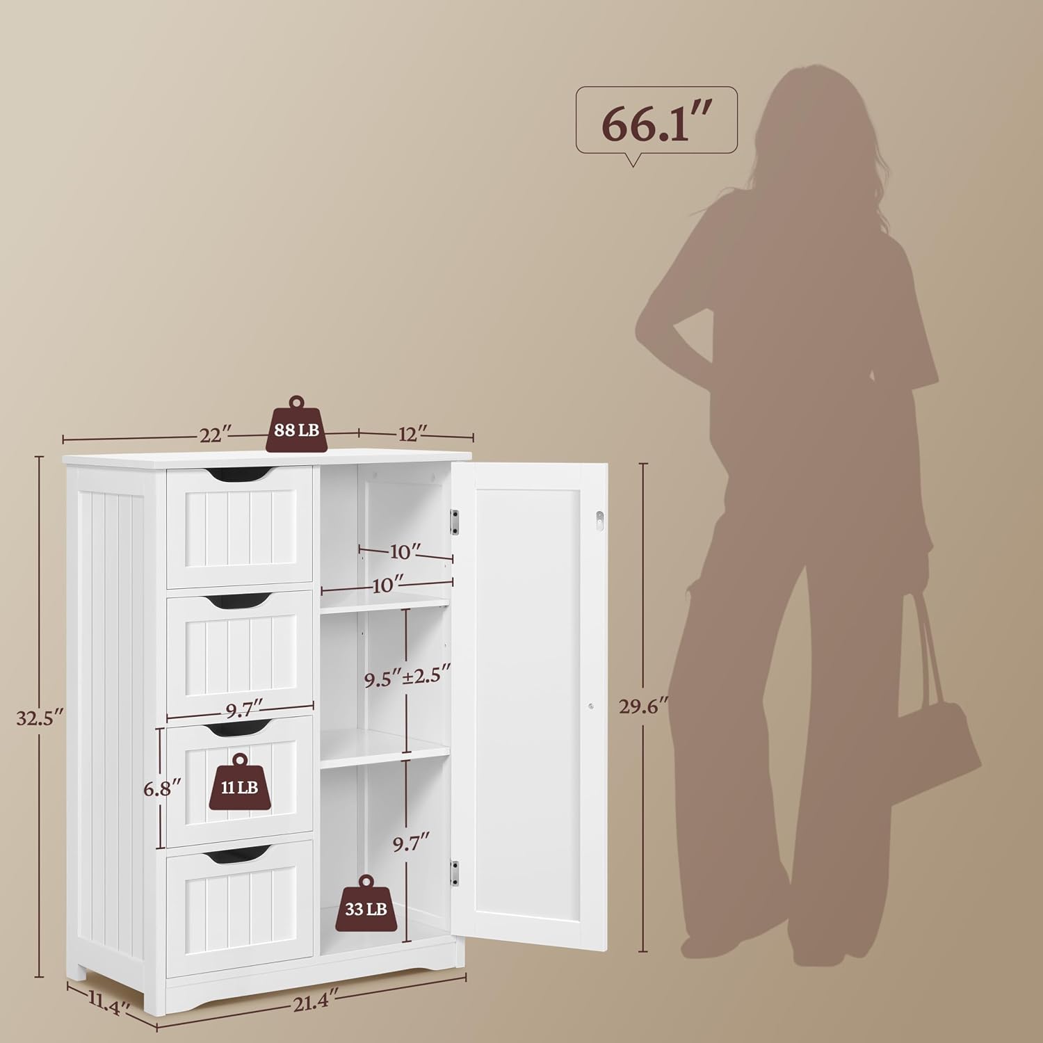 Thumbnail 2 de Yaheetech 611079 White Bathroom Floor Cabinet, 4 Drawers, Adjustable Shelf