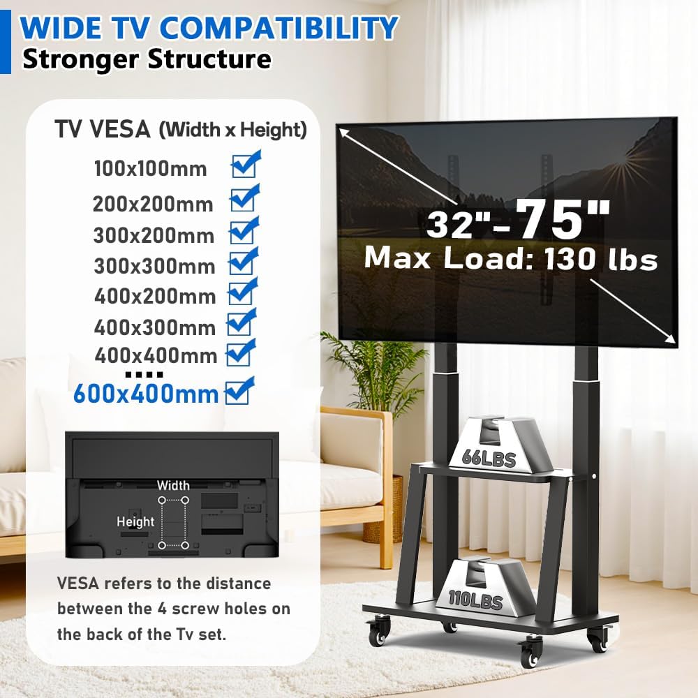 Detalle de Duiliuu Rollbarer TV-Ständer mit Rollen für 32–75" (VESA 600×400), höhenverstellbar bis 65