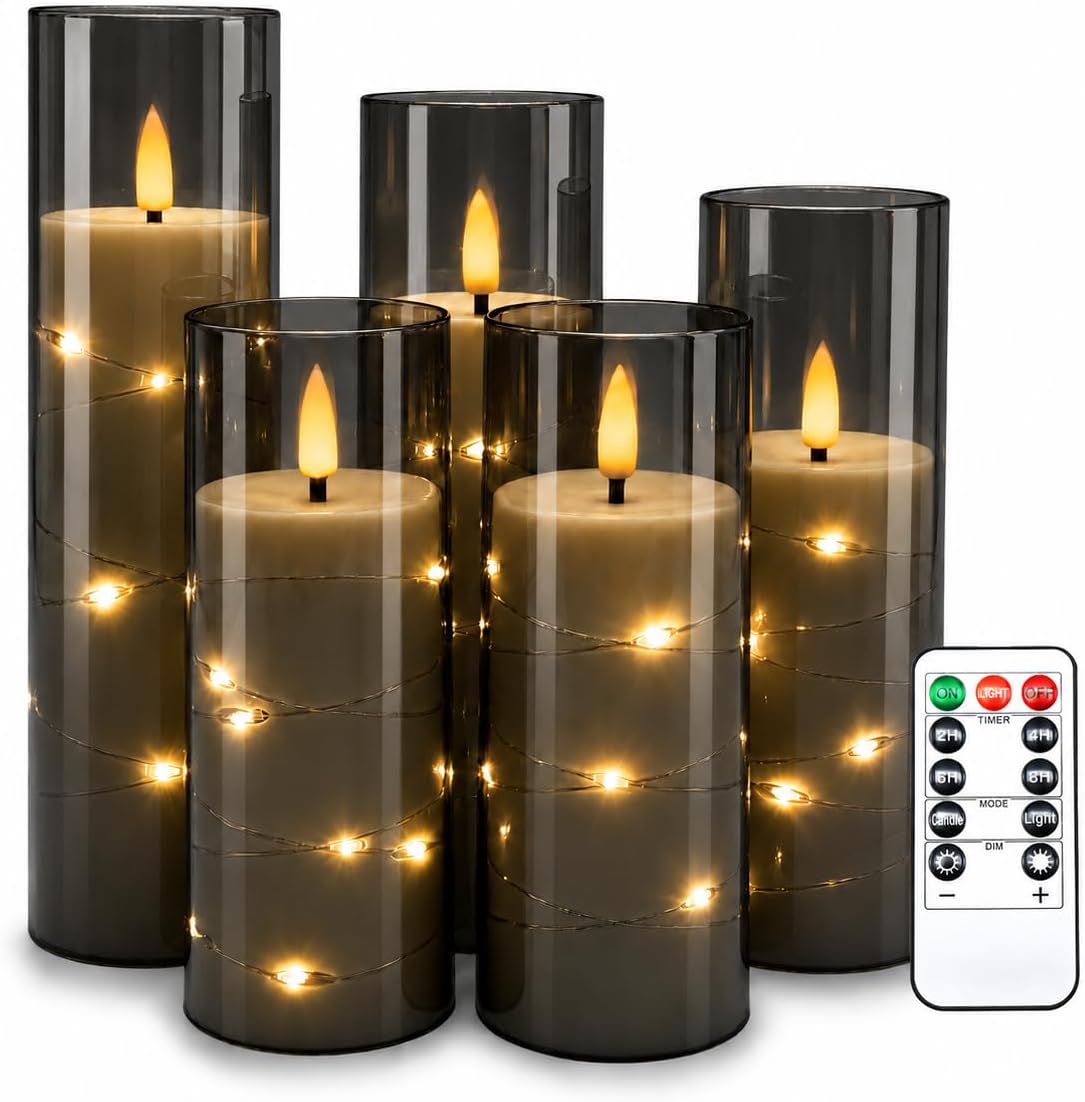 Detalle de Da by 5 Candele LED Grigie con Luci Fatate Avvolgenti – set da 5 candele con telecomando