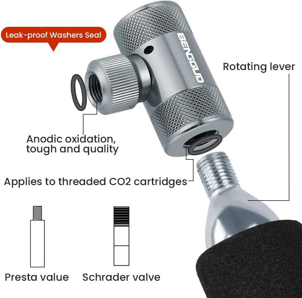 Detalle de AOOWU 4913030 inflator CO₂ do roweru, zawory Presta i Schrader, osłona EVA