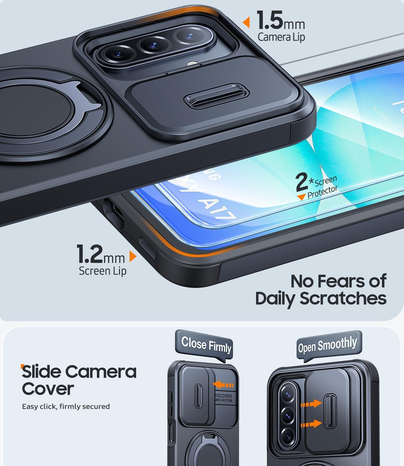 Thumbnail 4 de JAME Galaxy A16/A17 Case with 360° Ring Stand, Slide Camera Cover, Magnetic Plates & 2-Pack Tempered Glass Protectors (Black)