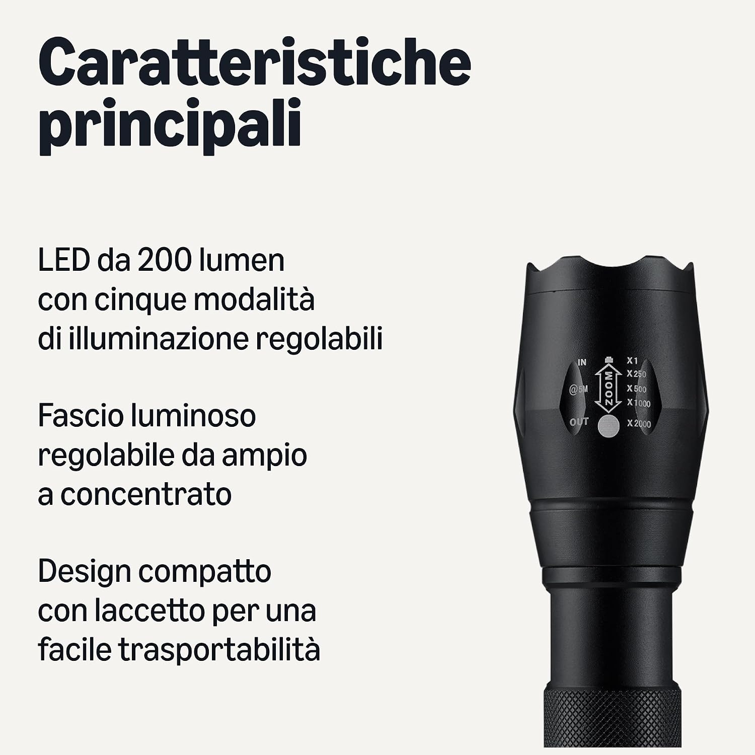 Detalle 2 de Amazon Basics Torcia LED Portatile con 5 Modalità di Illuminazione, 200 Lumen, Zoom e Corpo in Alluminio