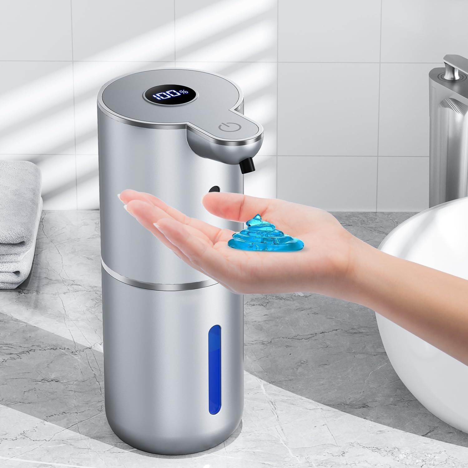 Detalle de Fachixy Seifenspender Automatisch mit digitaler Anzeige – 380 ml, wandmontierbar, berührungslos, IPX5, USB-Aufladung
