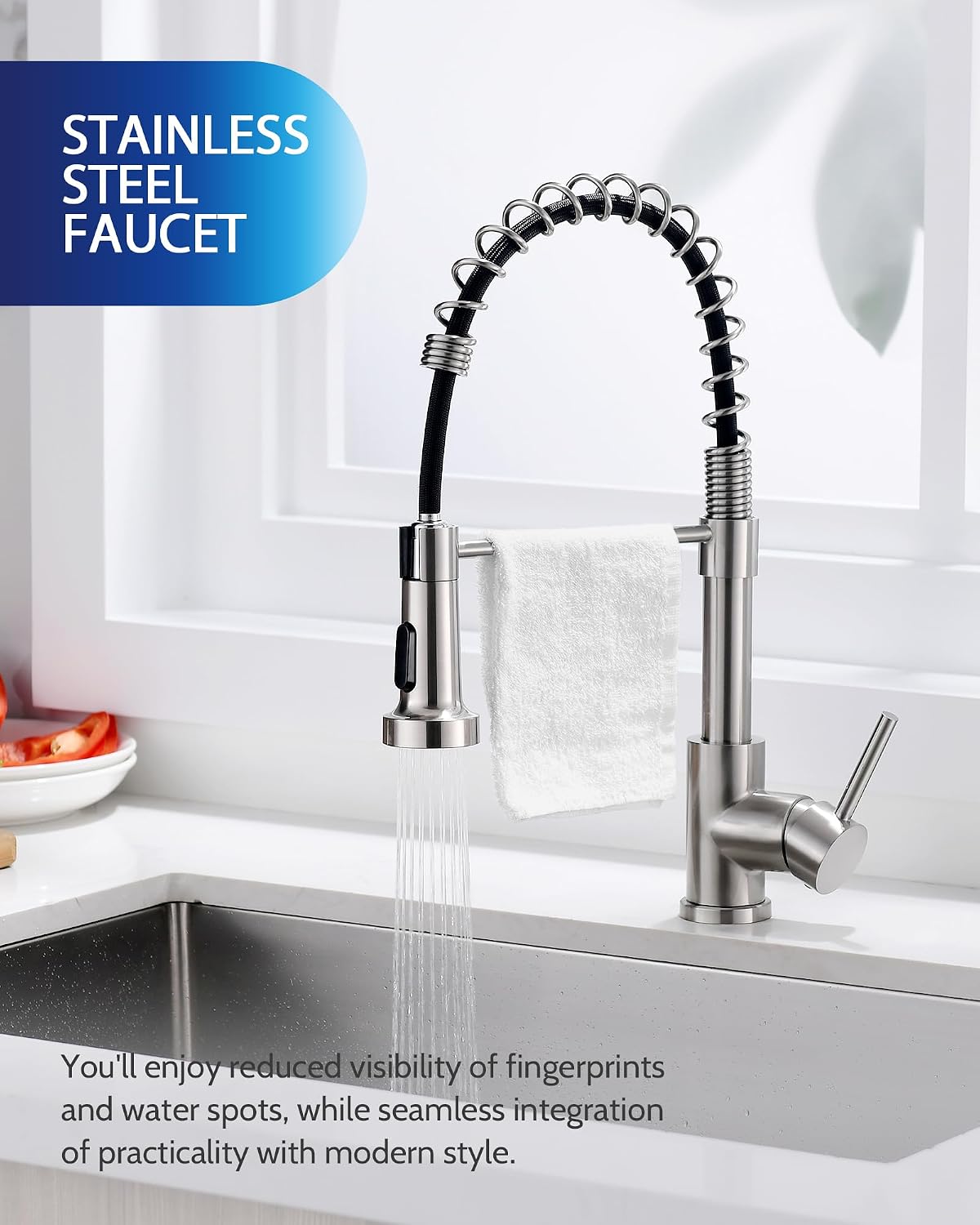 Detalle 2 de LUFEIDRA 07BNL High-Arc Kitchen Faucet with Dual-Mode Sprayer, Brushed Nickel