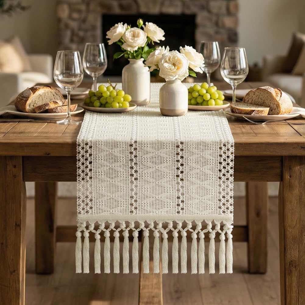 Thumbnail 5 de AOOTE 6265999 Bohemian Table Runner, 30 x 180 cm, Ivory White
