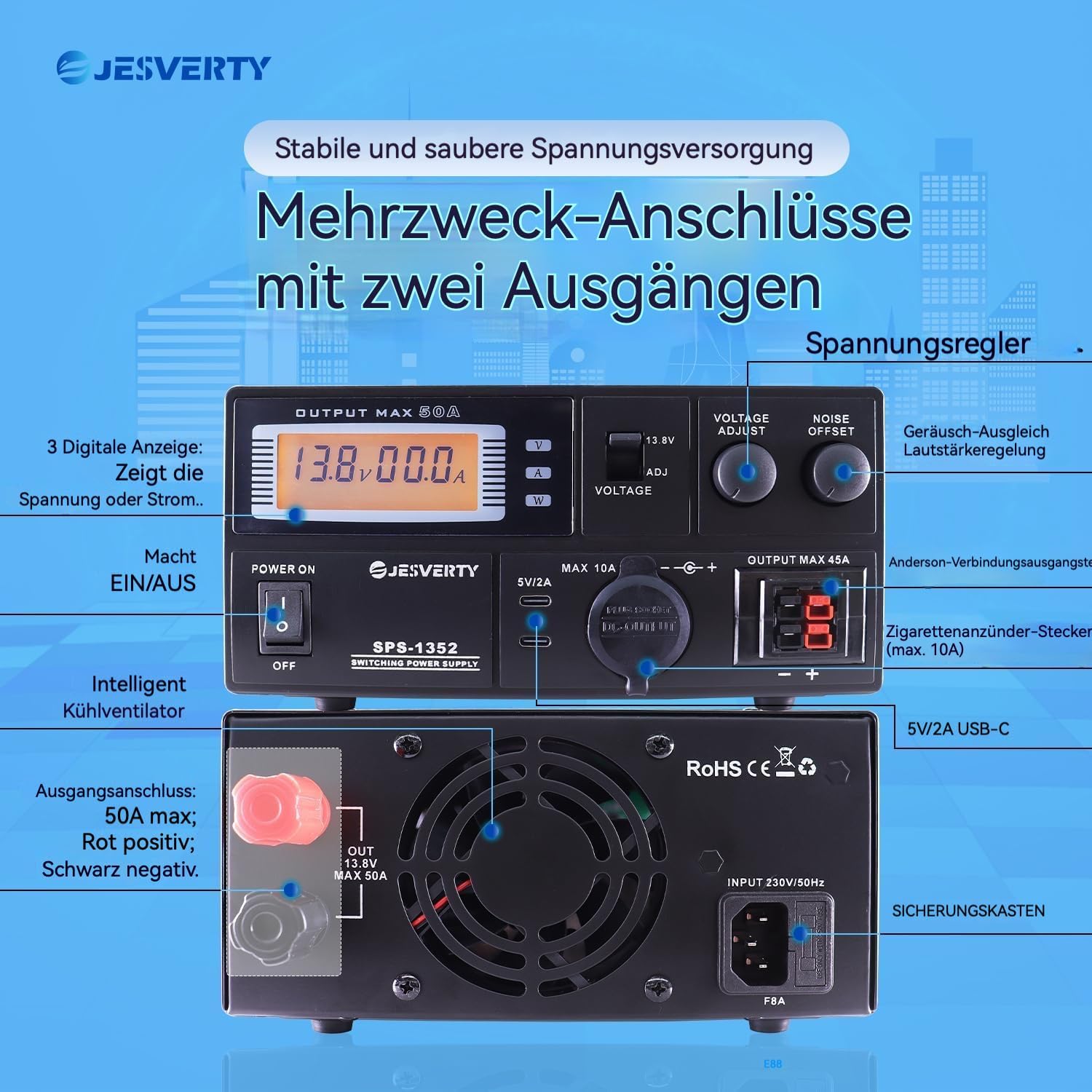 Detalle de Jesverty SPS-1352: Universelles kompaktes Tischnetzteil mit 50 A, vielseitigen Anschlüssen und Rauschunterdrückung