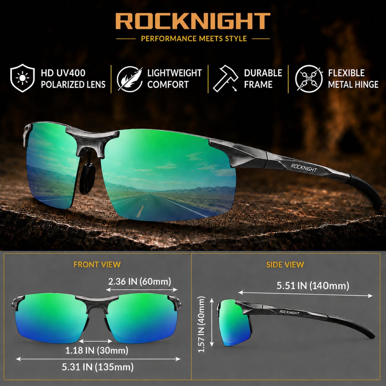 Detalle 1 de ROCKNIGHT Driving Polarized Sunglasses, Al-Mg Frame, Green Mirror Lenses