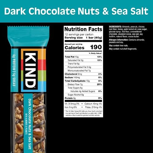 Detalle de KIND Healthy Snacks Bars, Dark Chocolate Nuts & Sea Salt – Gluten Free, Low Sugar, High Fiber, 6g Protein (12 Count)