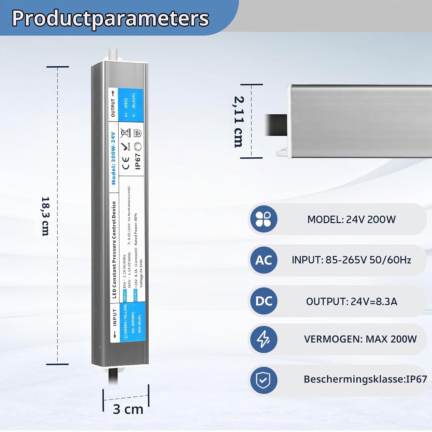 Detalle 2 de YOODI 24V-200W LED-transformator 8,33A, IP67, AC naar DC