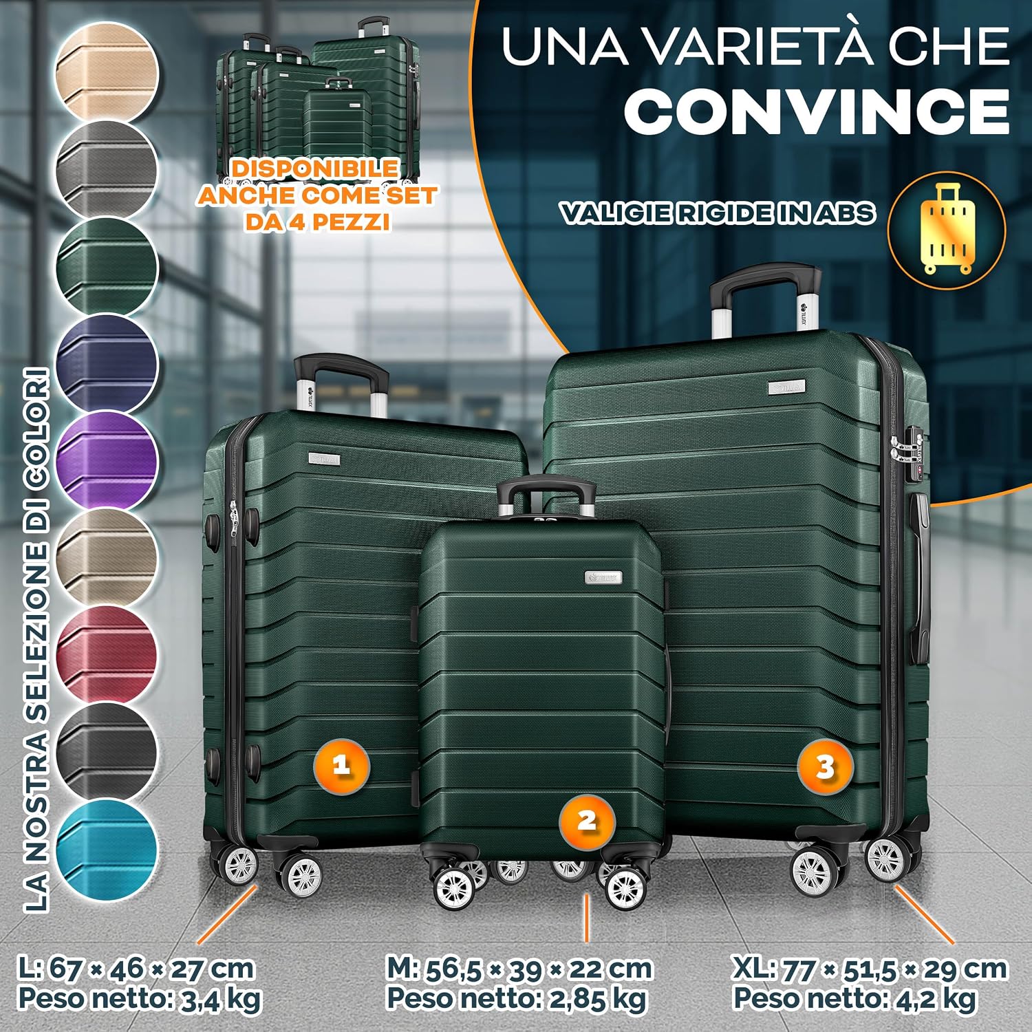 Detalle de Tillvex Set di valigie rigide 3 pezzi con bilancia, TSA e accessori – verde militare