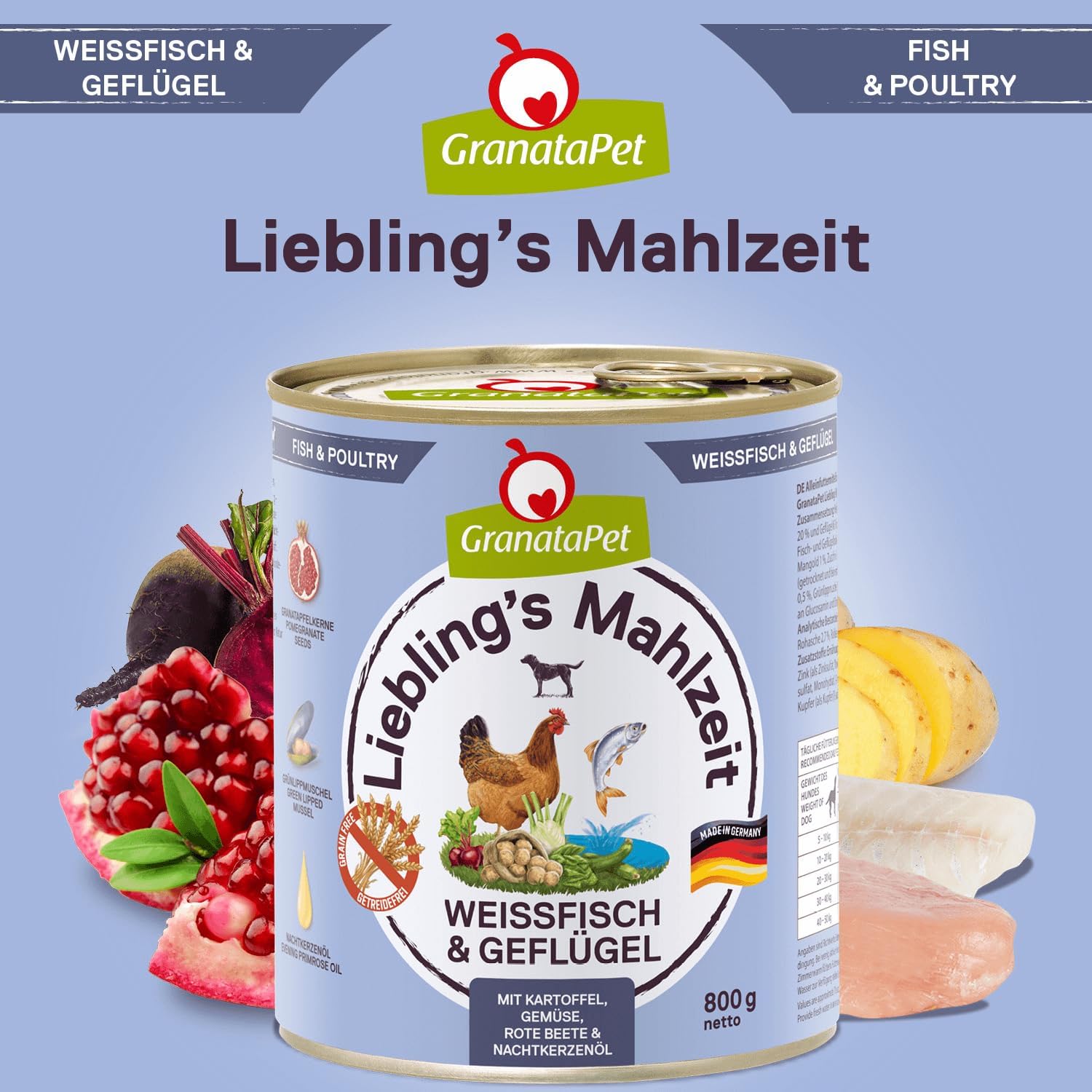 Detalle 2 de GranataPet Liebling's Mahlzeit Weißfisch & Geflügel – Nassfutter für Hunde, getreidefrei, 6 x 800 g