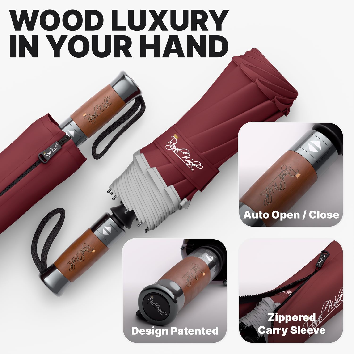Thumbnail 2 de Royal Walk Windproof Folding Travel Umbrella with Real Wood Handle – Dark Red