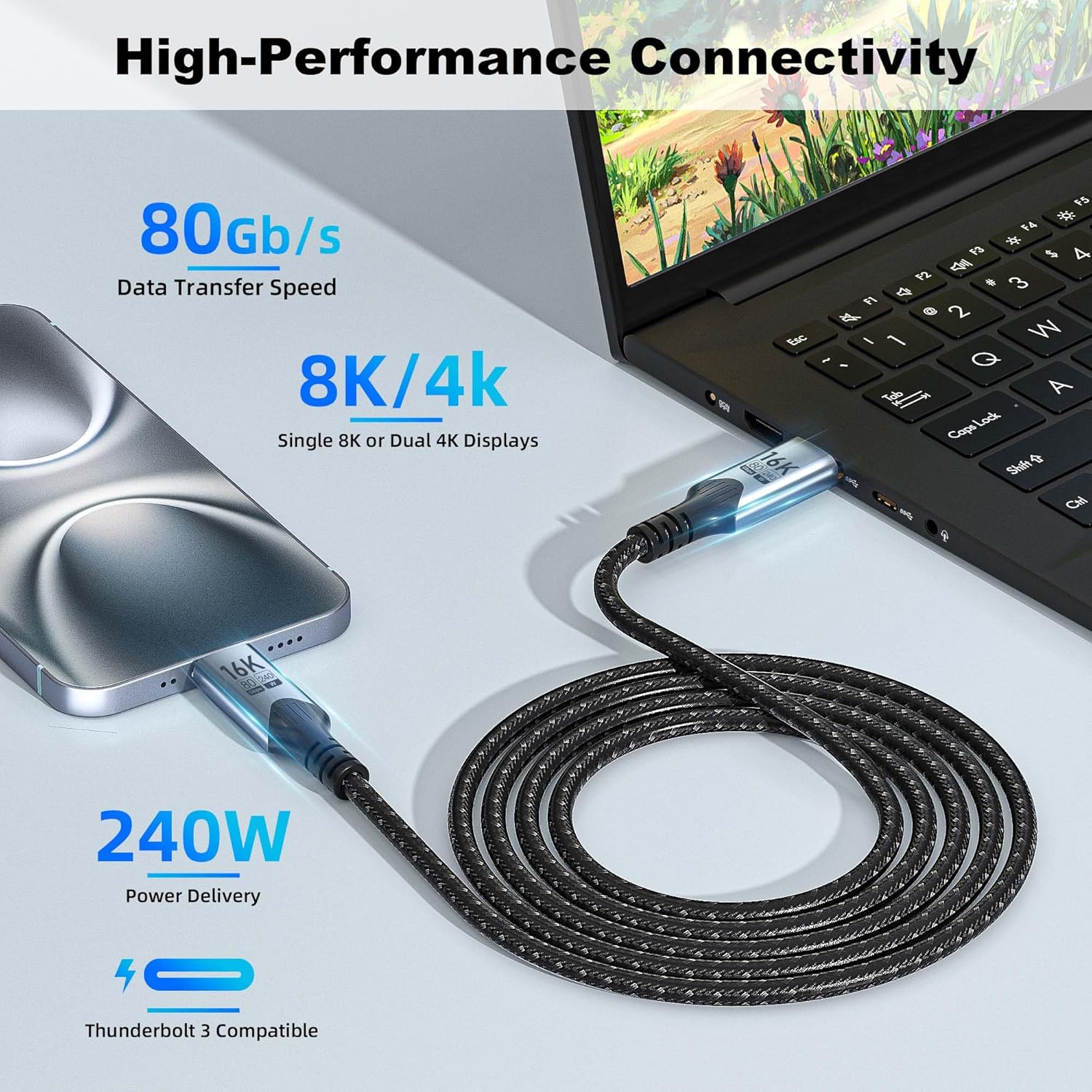Detalle de 2 m USB-C auf USB-C Kabel – 80 Gbps, Thunderbolt-kompatibel, 240W Schnellladen
