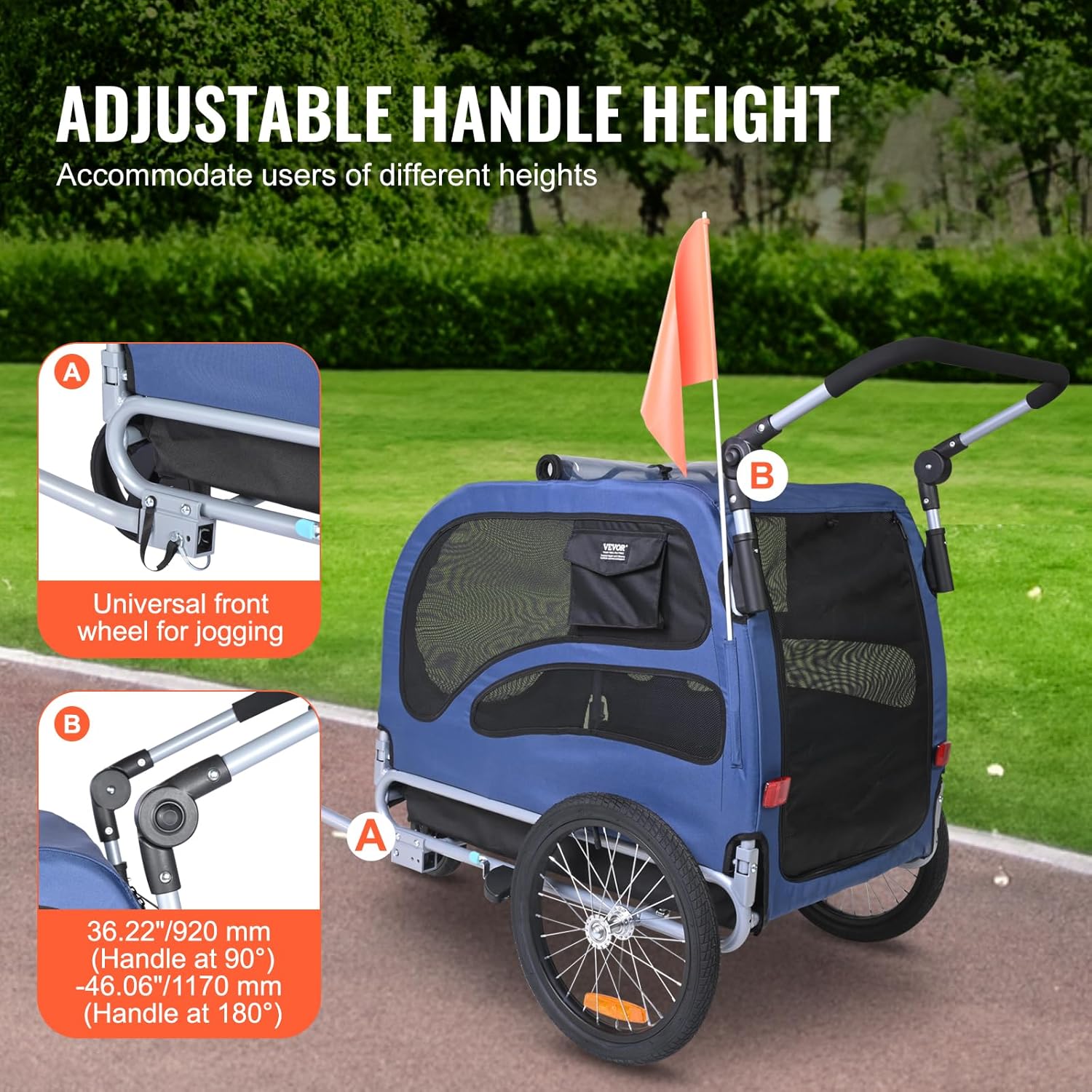 Detalle de VEVOR Remorque de Vélo Chien Pliable 45 kg – 2 en 1 Poussette d'Animaux, Cadre Fer Forgé et Roues à Dégagement Rapide