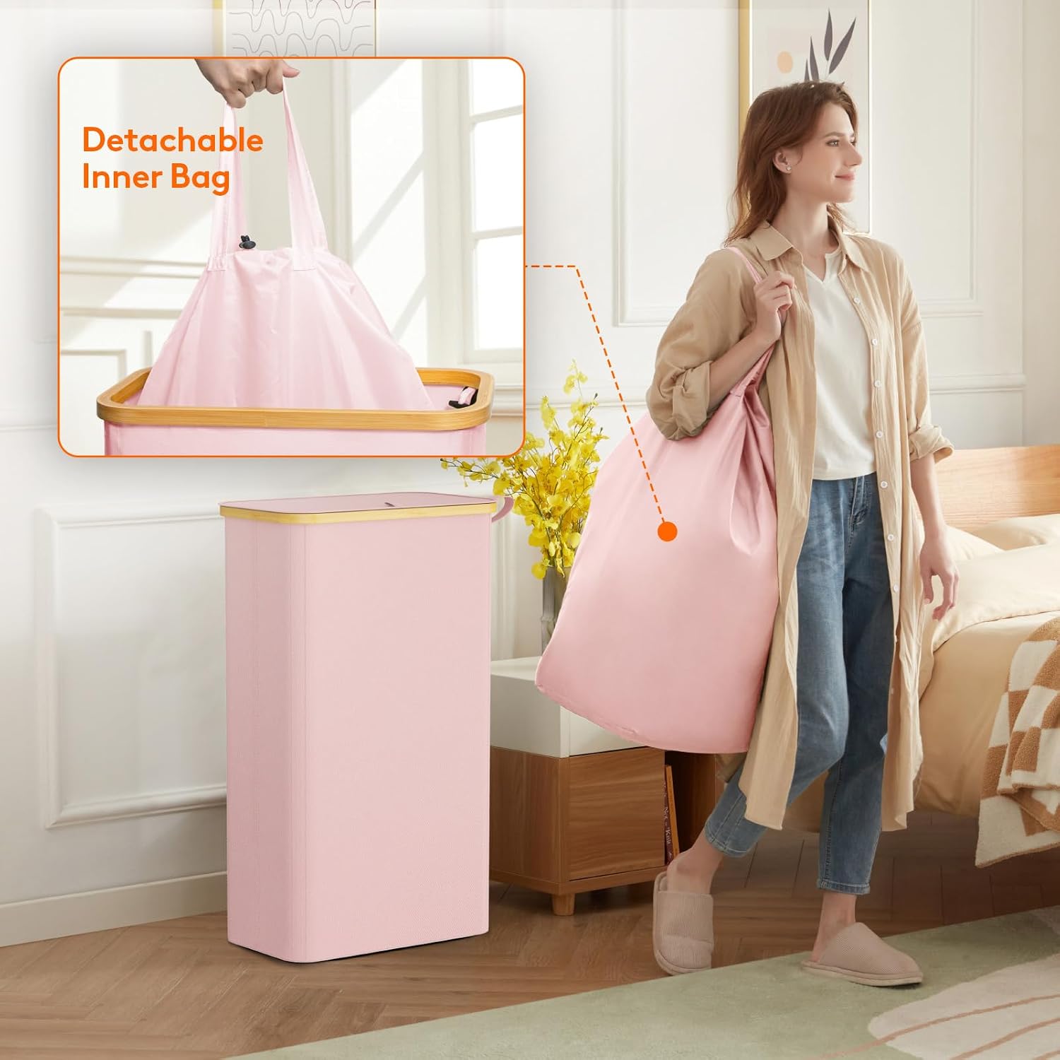 Thumbnail 4 de Lifewit 75L Slim Laundry Hamper with Lid and Removable Bag, Pink