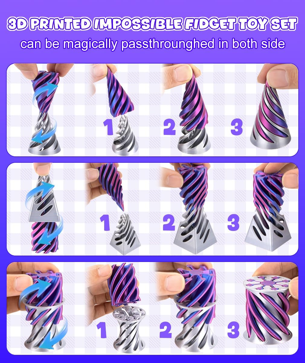 Thumbnail 1 de 3PCS 3D Printed Spiral Cone Fidget Toys: Impossible Cone Pyramid Passthrough — Anxiety Relief Desk Decor