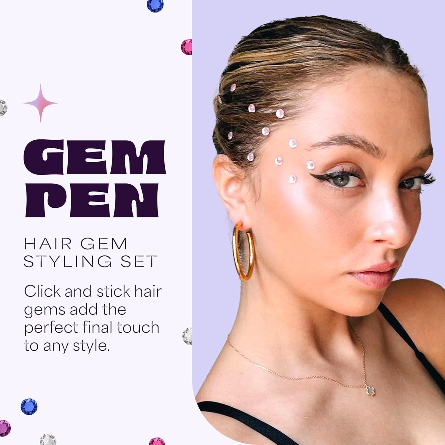 Detalle 1 de Hally Hair Gem Pen for Girls — 240 Stick-On Hair Gems Kit with Reusable Stamper Tool