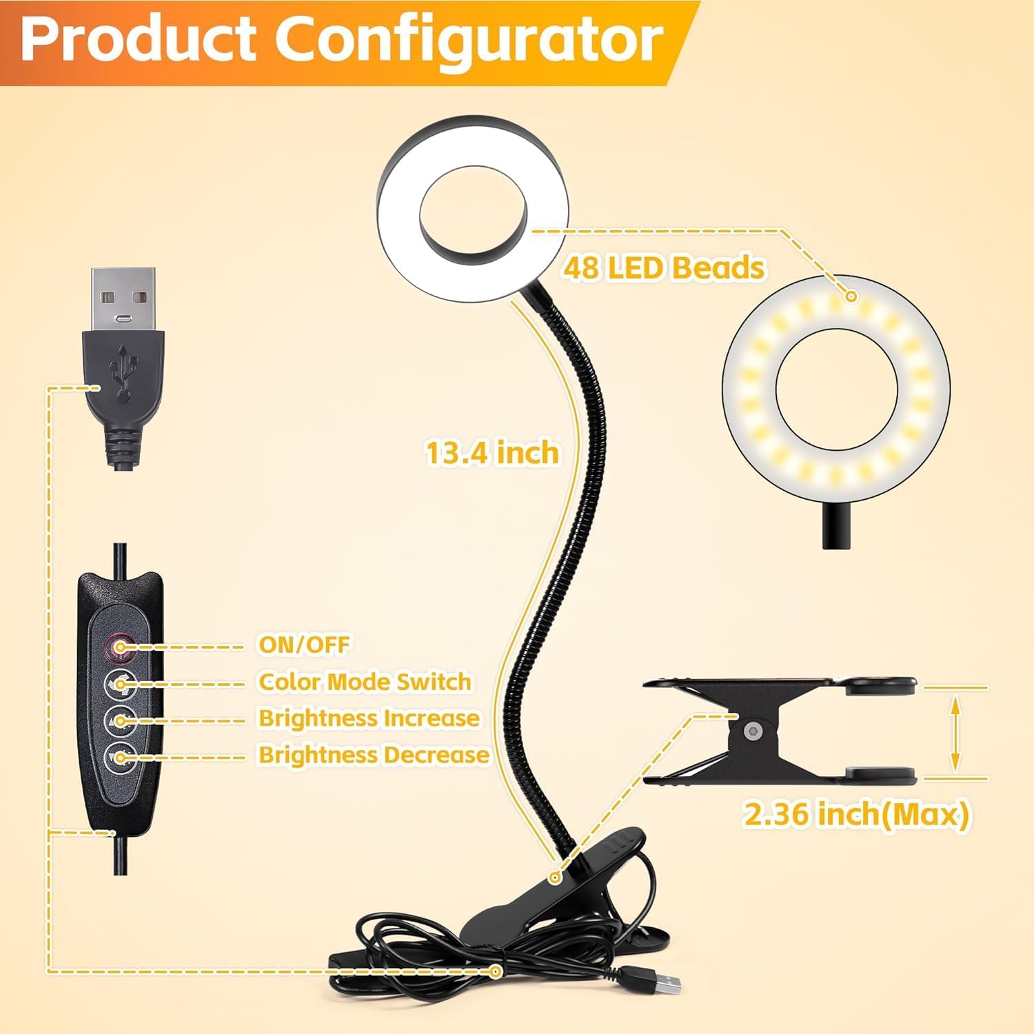 Detalle 2 de Foneso YCA804 LED Clamp Desk Lamp, 360° Gooseneck, 30 Lighting Modes, Two-Piece Set
