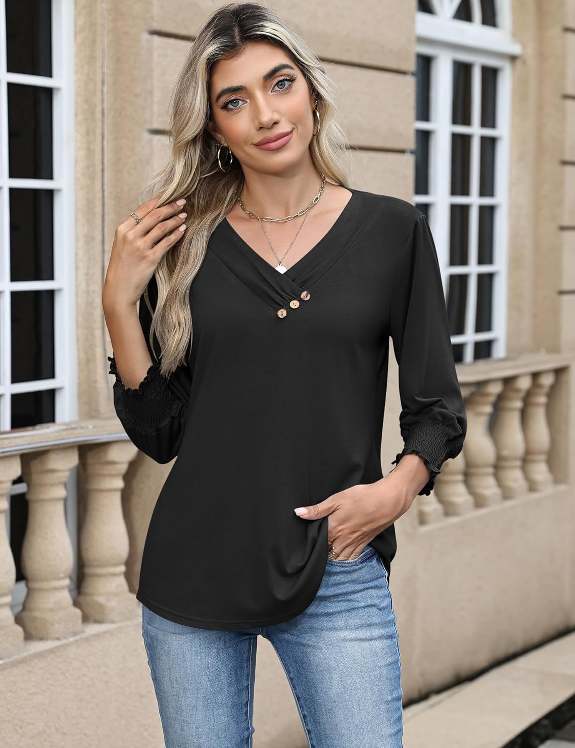 Thumbnail 4 de Rapbin Damen-Bluse mit 3/4-Arm, V-Ausschnitt und Knopfleiste – leichte Tunika für Sommer & Alltag