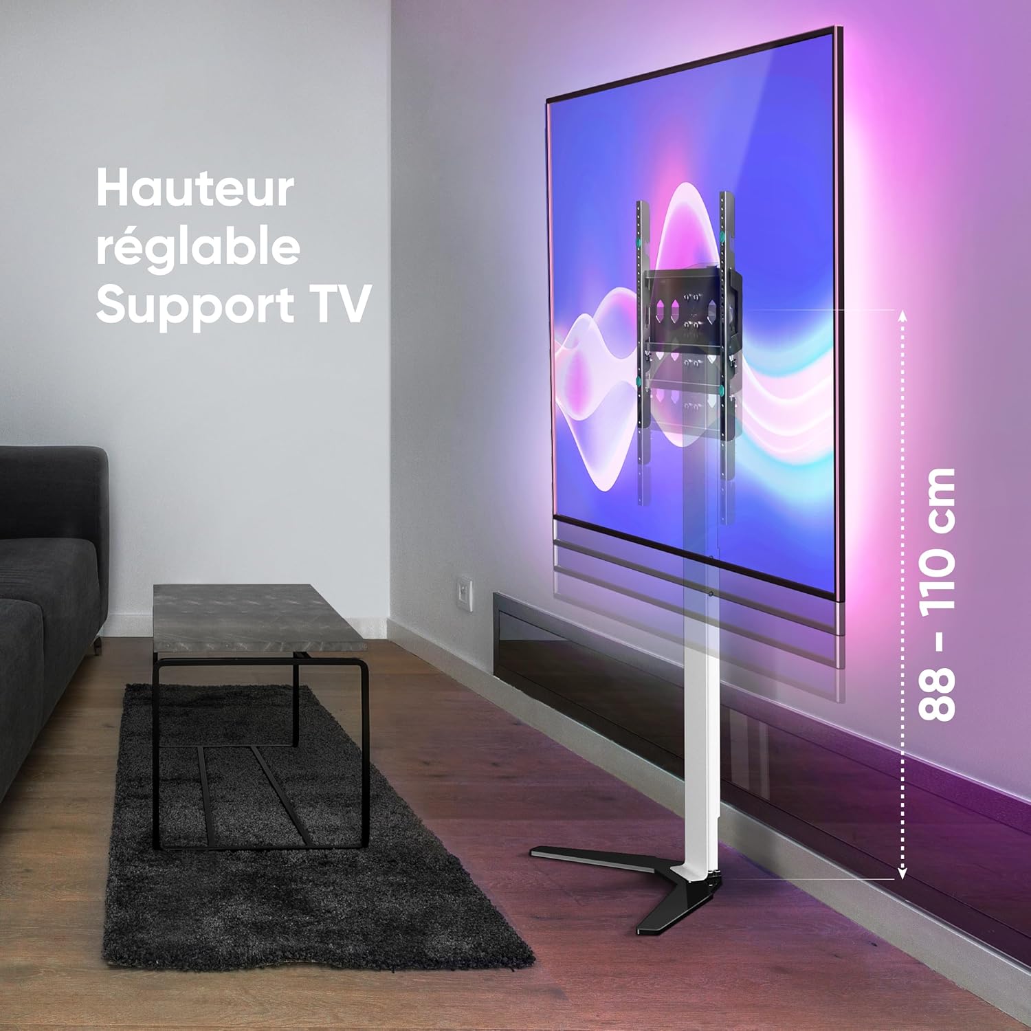 Thumbnail 5 de ONKRON TS1140-W : support TV universel sur pied 26 à 65 pouces, hauteur réglable et sans perçage