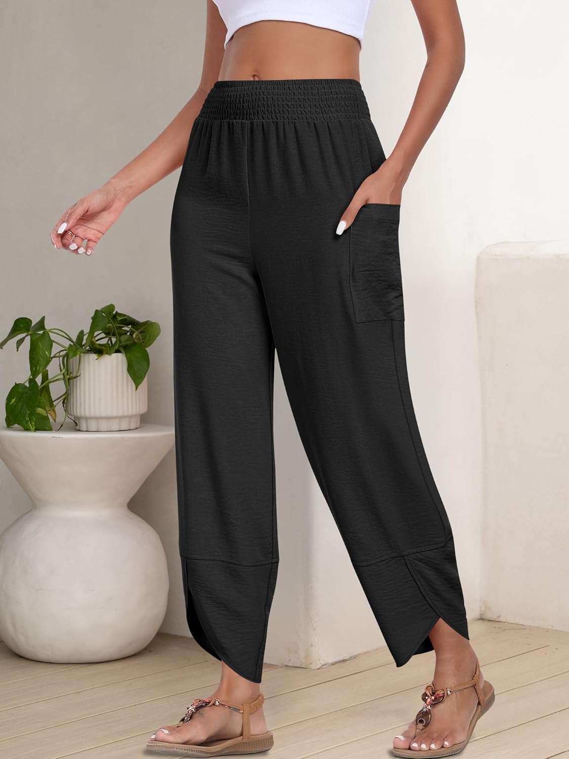 Thumbnail 3 de ANRABESS Women’s Capri Palazzo Wide-Leg Pants with Smocked High Waist