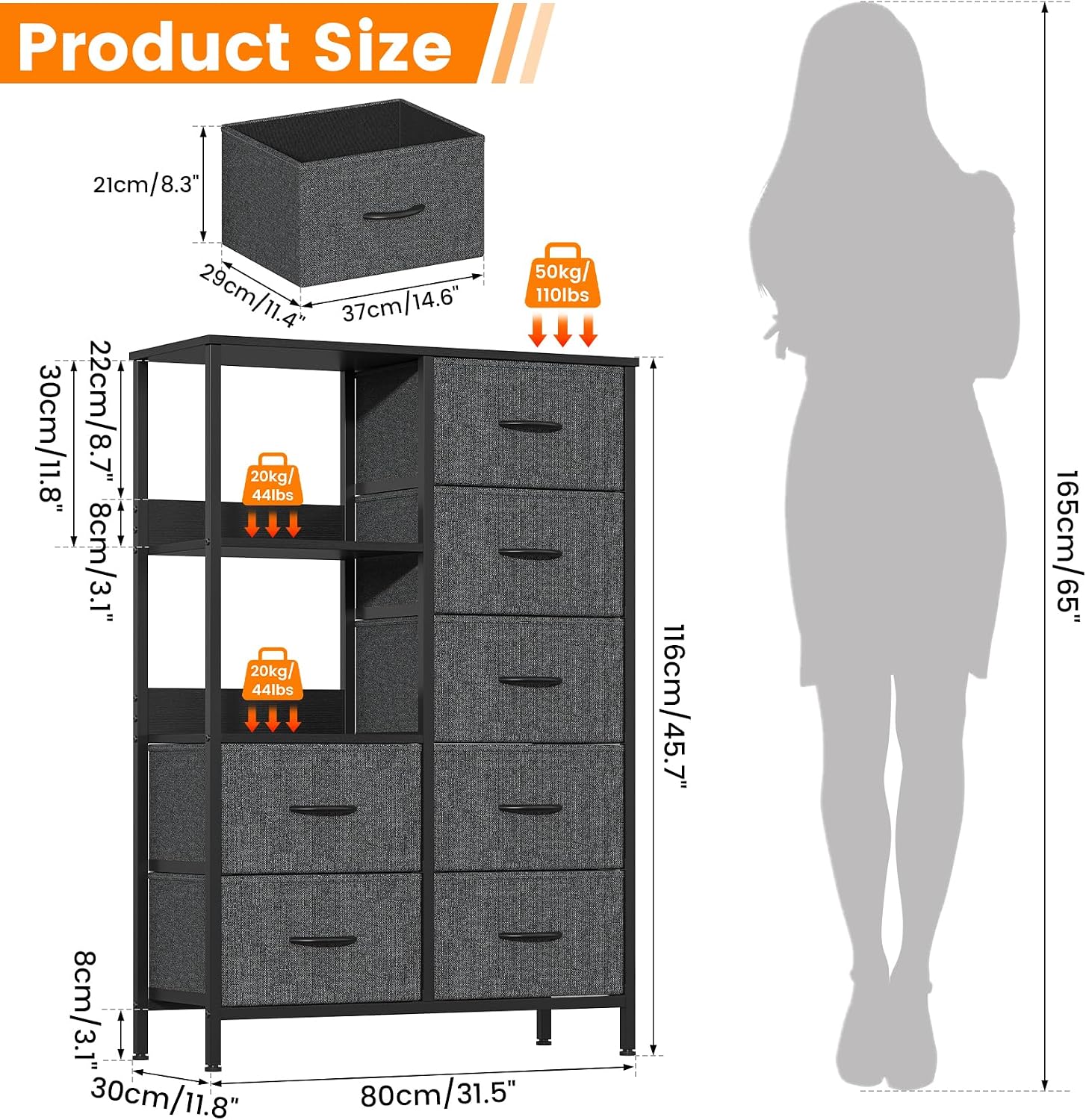 Thumbnail 2 de GoaHi Fabric Chest of Drawers in Deep Grey — 7 Drawers with 3-Shelf Storage