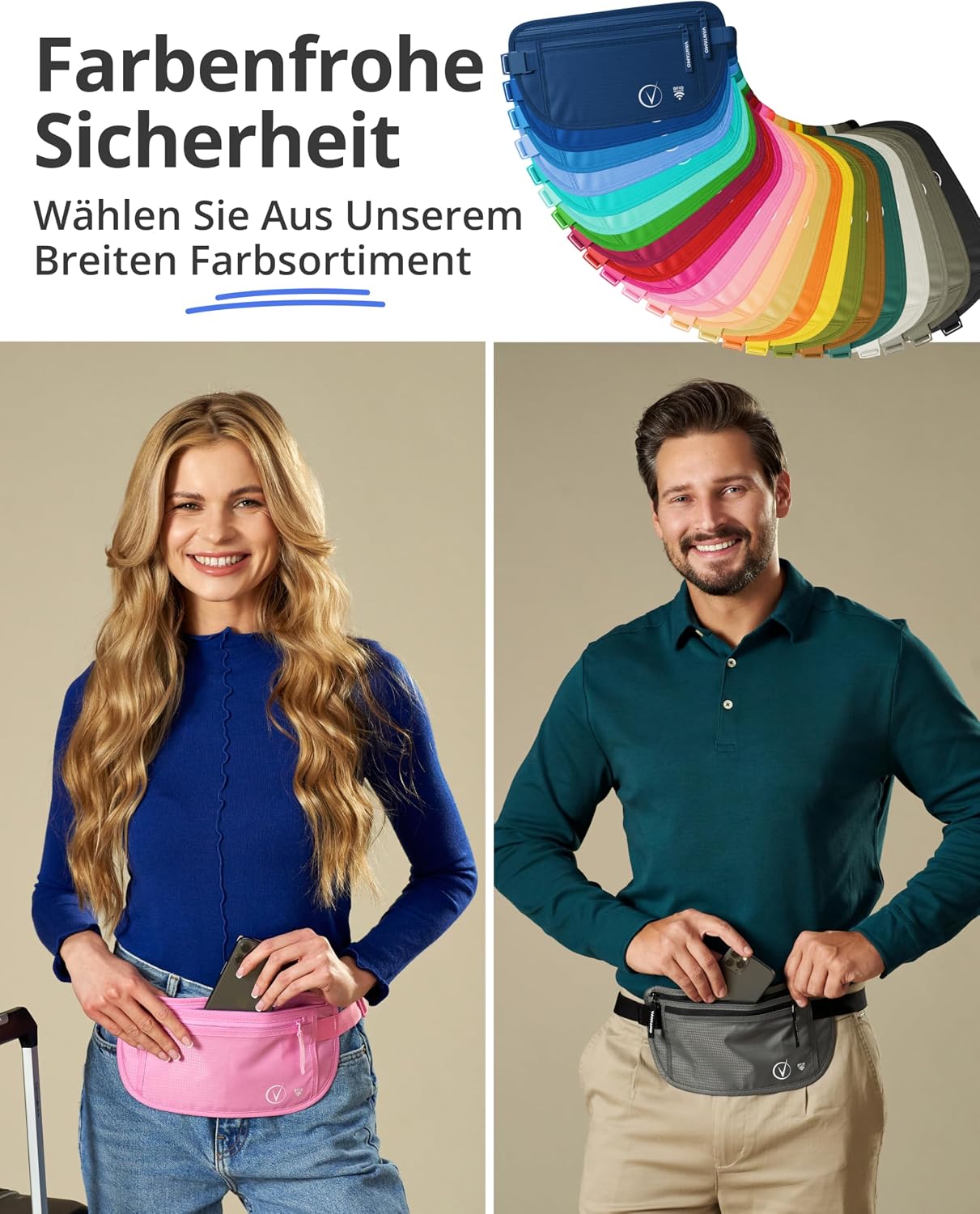 Thumbnail 5 de Vantamo Bauchtasche Damen/Herren ultraflach mit RFID-Schutz – Gürteltasche für Reisen, Laufen & Wandern, 2 Fächer