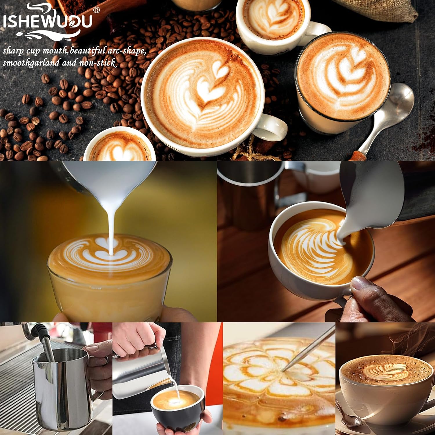 Detalle 1 de ISHEWUDU KFLHB-DS-350 melkkan van roestvrij staal, 350 ml met latte-artpen