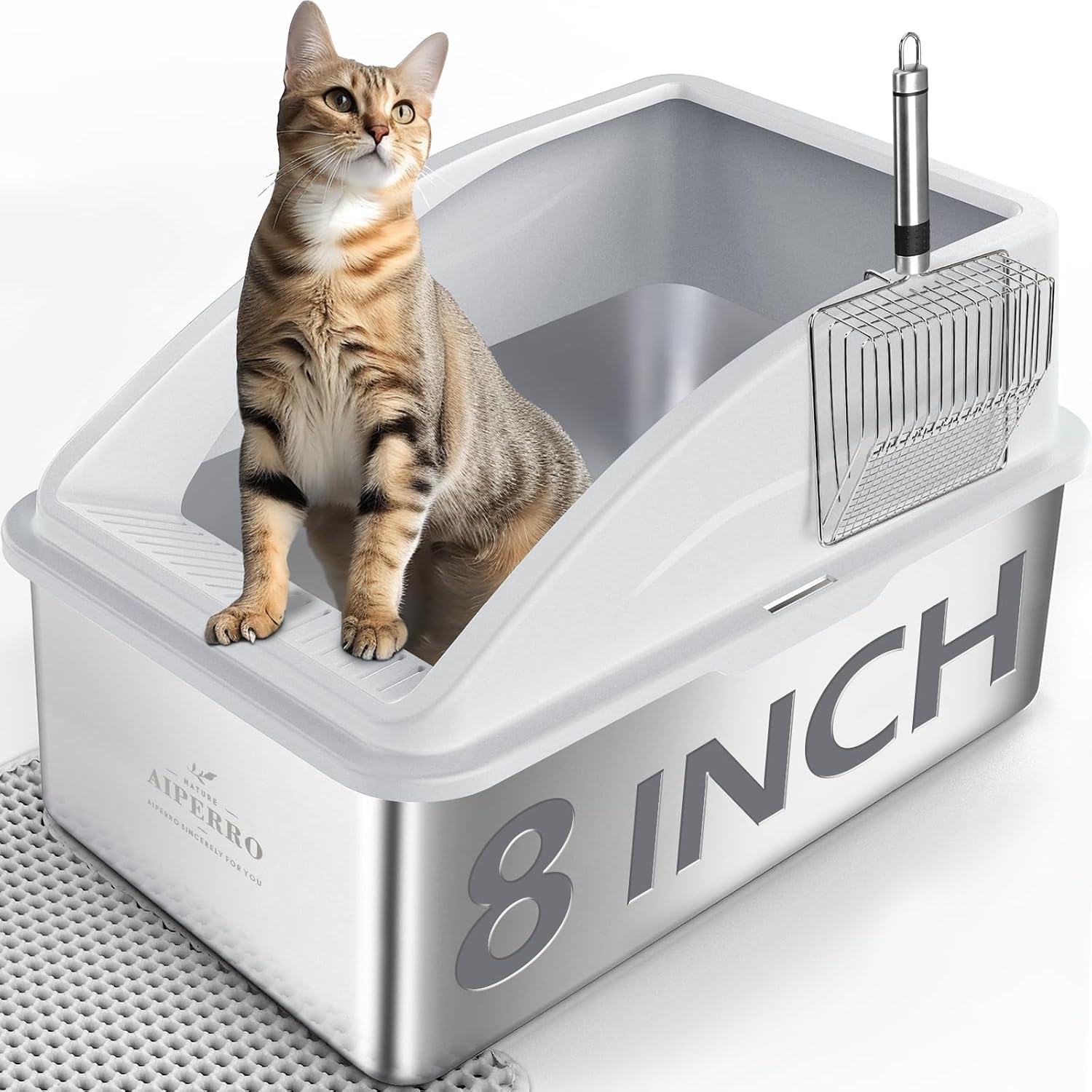 Detalle de AIPERRO 8 inch Deepen Litter box Stainless Steel Cat Litter Box, XXL with Lid