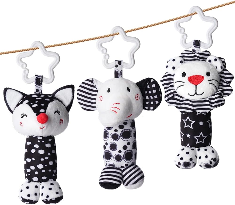 Aolso 3 Pack Clip on Pram Baby Toys – Sensory Hanging Rattles with Black & White Cartoons