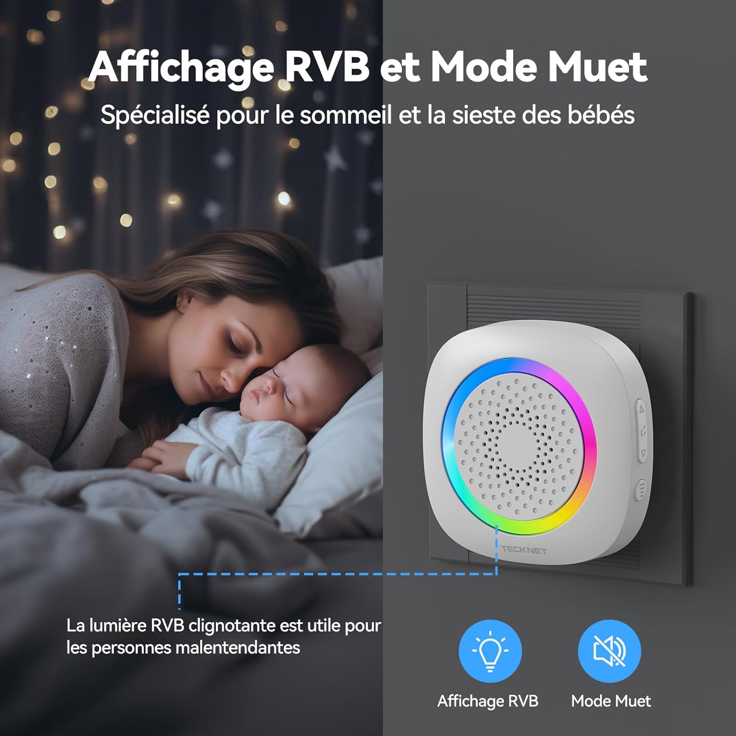 Detalle de TECKNET Alarme Porte et Fenêtre Détecteur — Système sans fil avec RVB lumineux, portée jusqu’à 300 m et 61 mélodies