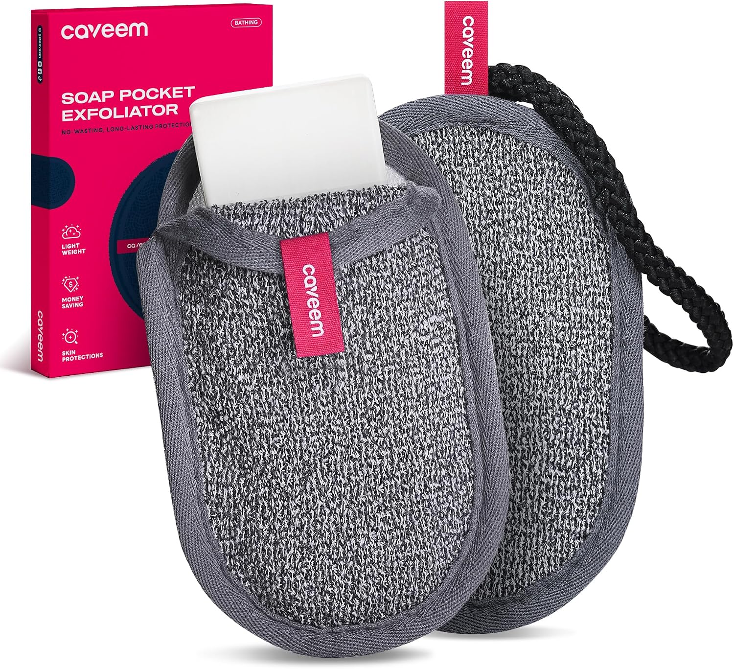 Detalle de CAVEEM Seifensäckchen mit Peeling-Oberfläche (2er-Set) – Dusch- und Badebeutel mit Henkel