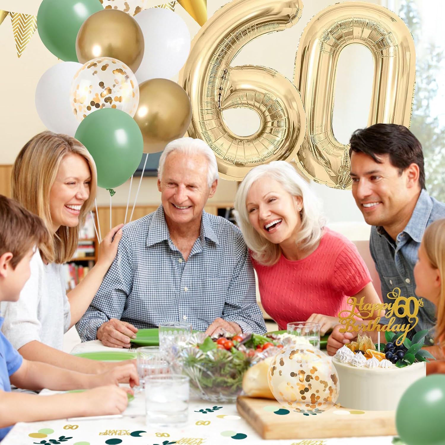 Detalle de Saga Green 60th Birthday Decorations Set – Sage Green, White & Gold Party Kit