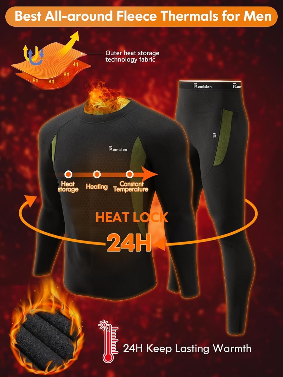 Detalle de romision Men's Thermal Underwear Set, Fleece-Lined with 4-Way Stretch