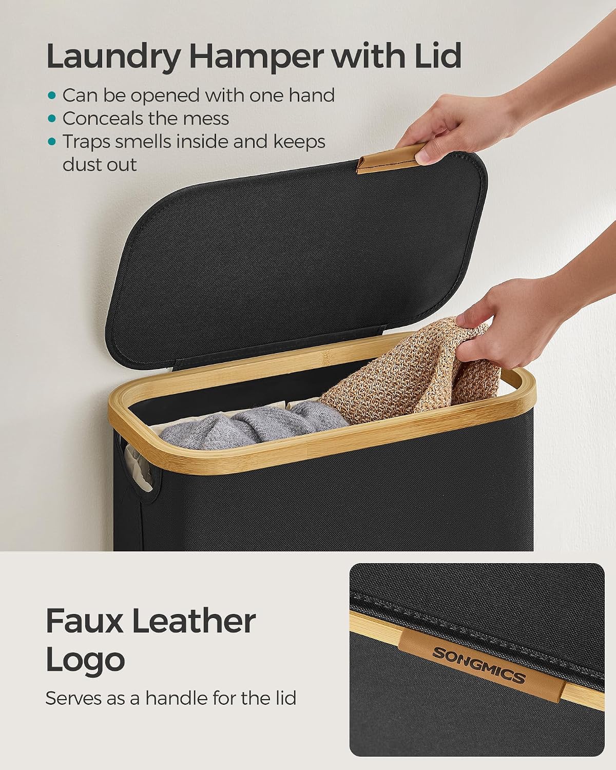 Thumbnail 3 de SONGMICS LCB506B01 65L slim laundry basket
