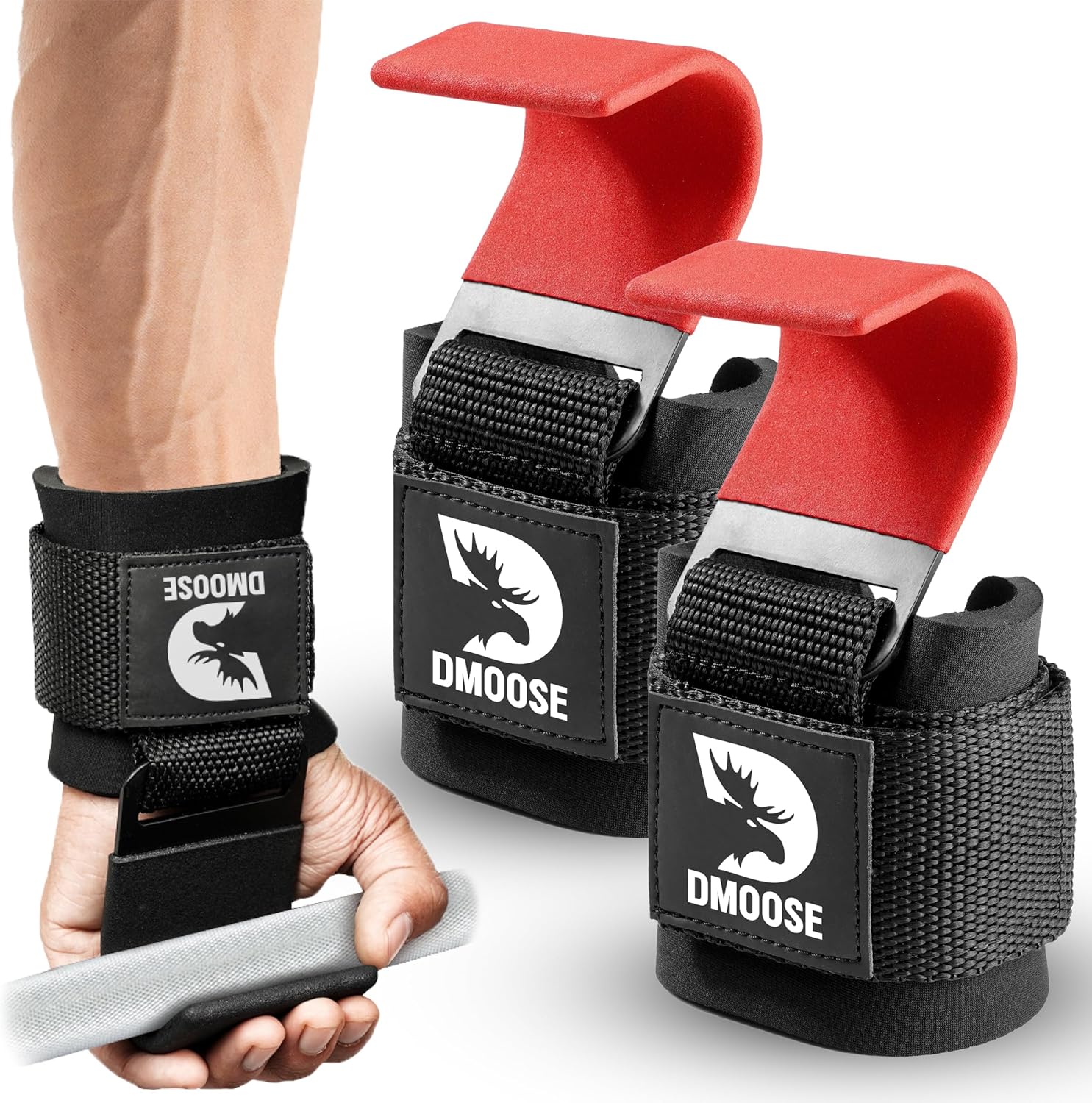 Detalle de DMoose Fitness Weight Lifting Hooks (Pair) – Anti-Rip Nylon Straps with Thick Wrist Padding