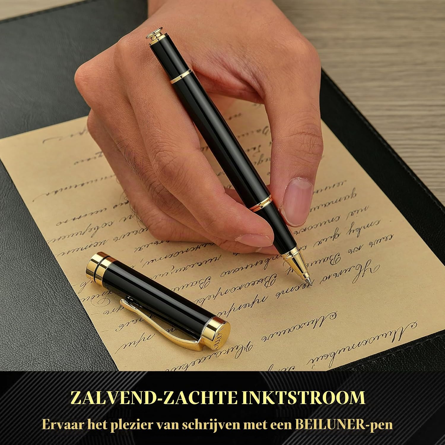 Detalle 2 de BEILUNER BL-000 balpen van metaal, zwart-chroom met gouden afwerking