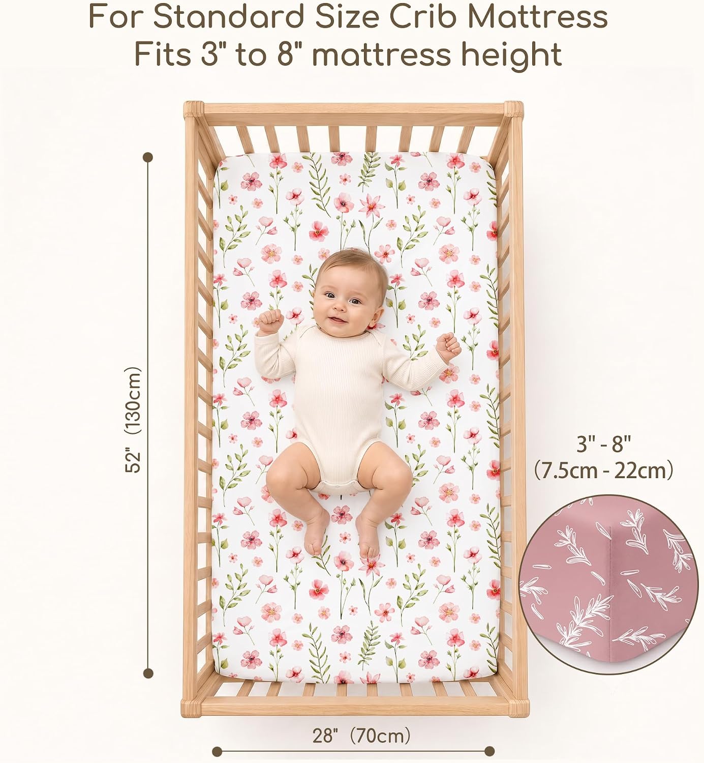 Detalle 2 de CIVARUA KIDS 3-Pack Pink Floral Fitted Crib Sheets, 52 x 28 Inches