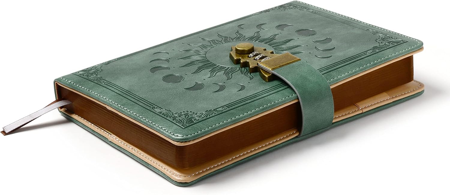 Detalle de ZXHQ Tagebuch mit Schloss (A5) inkl. Stift-Set – Vintage-Lederbezug, 224 Seiten, Premium Grau