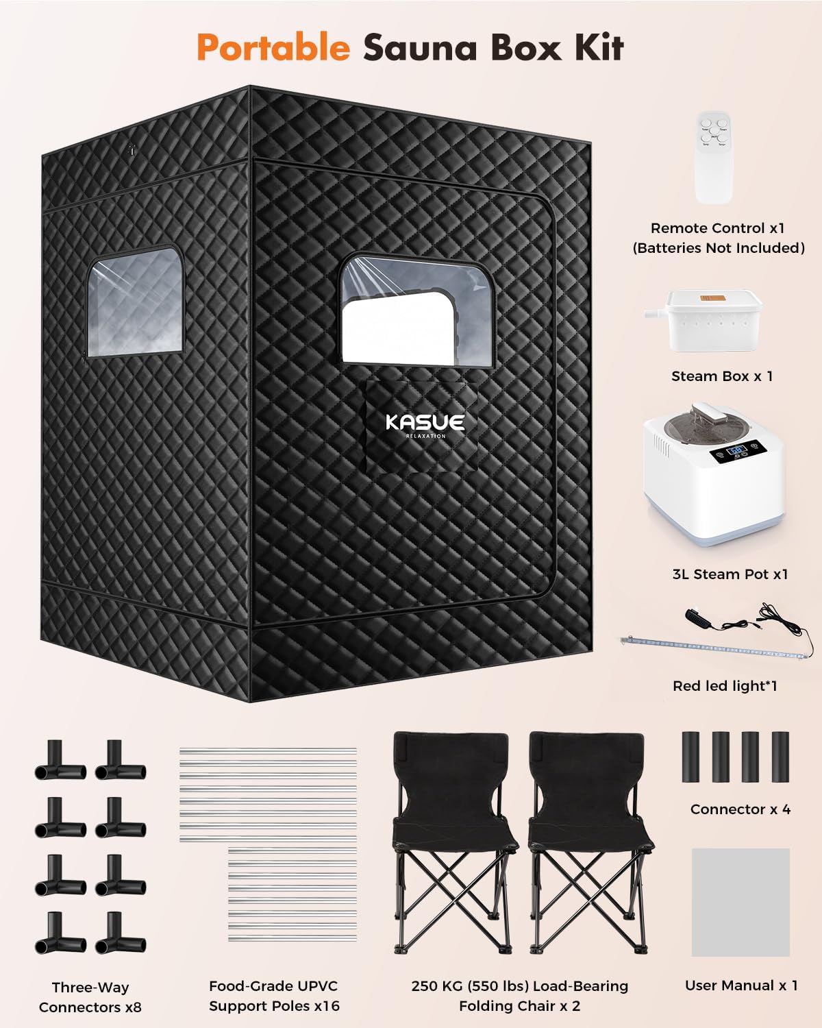 Detalle 2 de KASUE 2-Person Portable Steam Sauna Tent with Dual Steamers and Folding Chairs