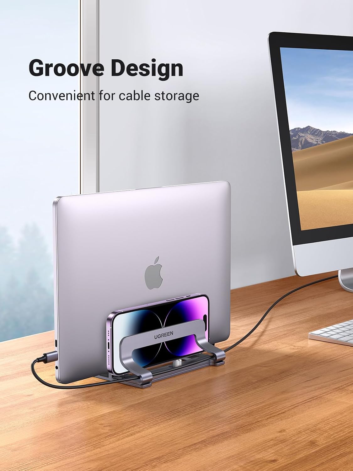 Detalle de UGREEN Adjustable Vertical Laptop Stand, Two Slots, Aluminium