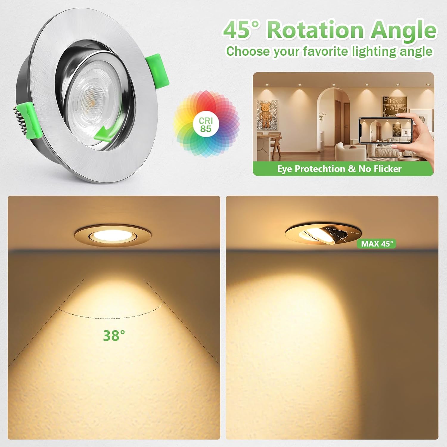 Detalle 2 de YindaLux LED-Einbaustrahler 230V IP44 5W GU10, warmweiß 2700K, schwenkbar 45° – 6er Set (68 mm Lochausschnitt)