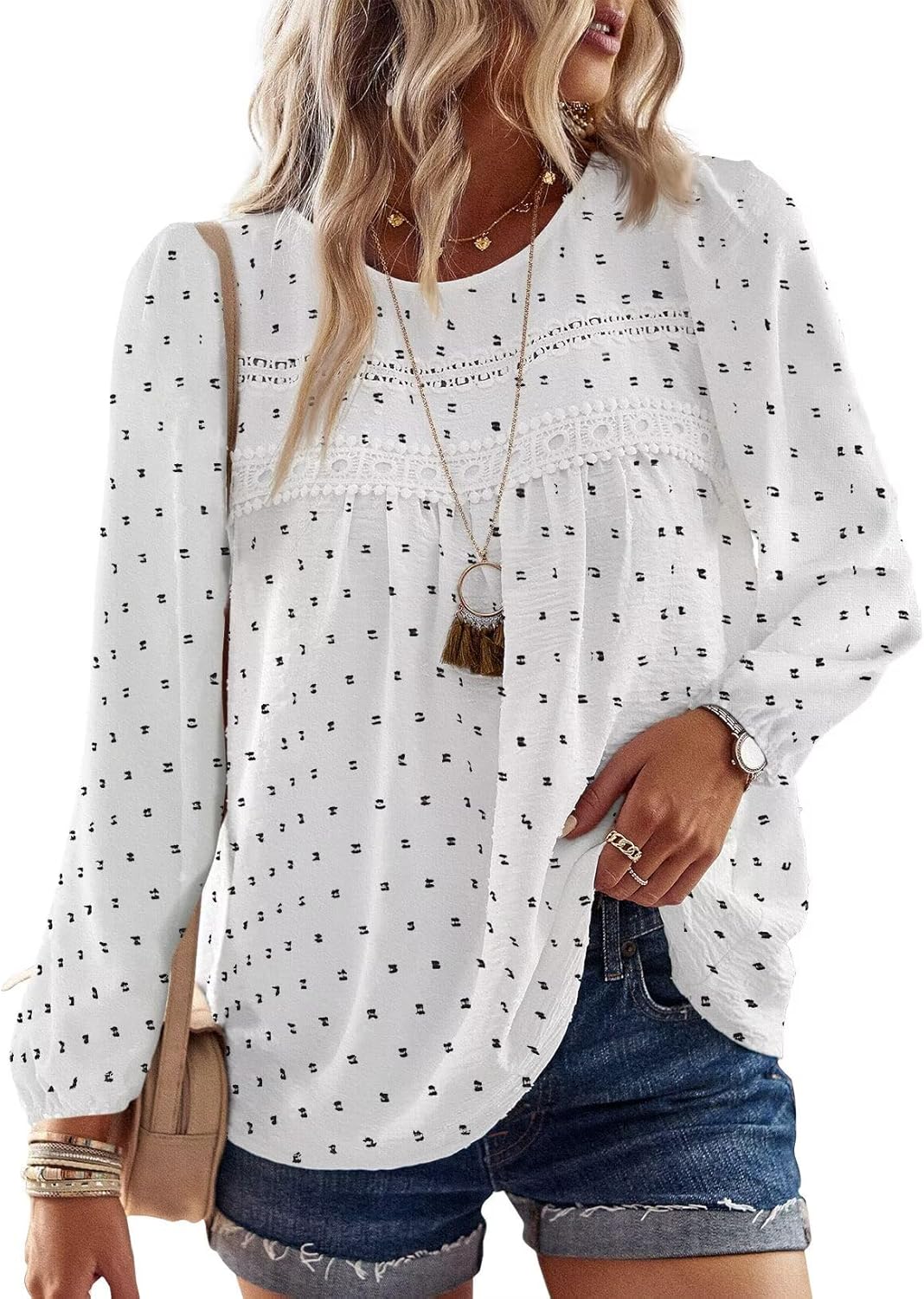 Thumbnail 6 de Falechay boho crewneck crochet lace long sleeve top for women