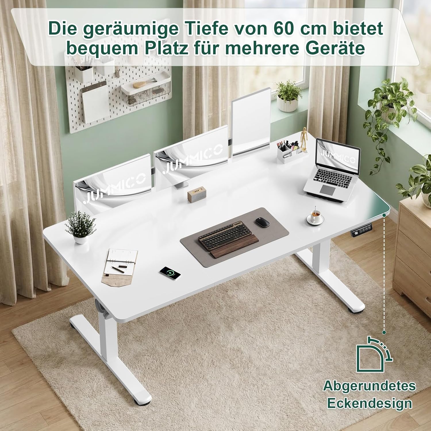 Detalle de JUMMICO Höhenverstellbarer Schreibtisch 100 × 60 cm – Elektrisch, mit Memory-Funktion, Weiß