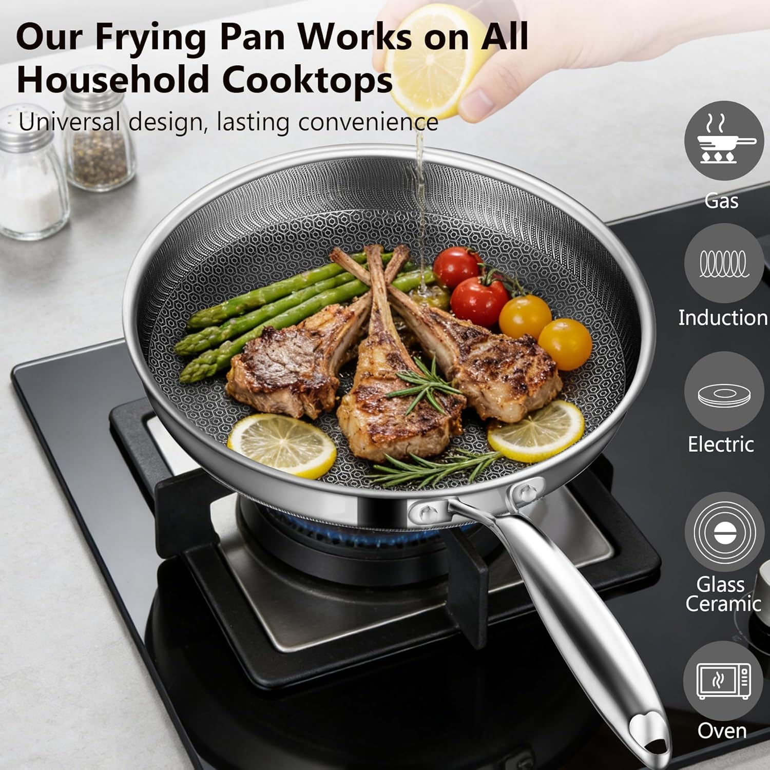 Detalle 2 de Vocvee 12-Inch Nonstick Frying Pan with Lid (Hybrid Stainless Steel, Stay-Cool Handle)