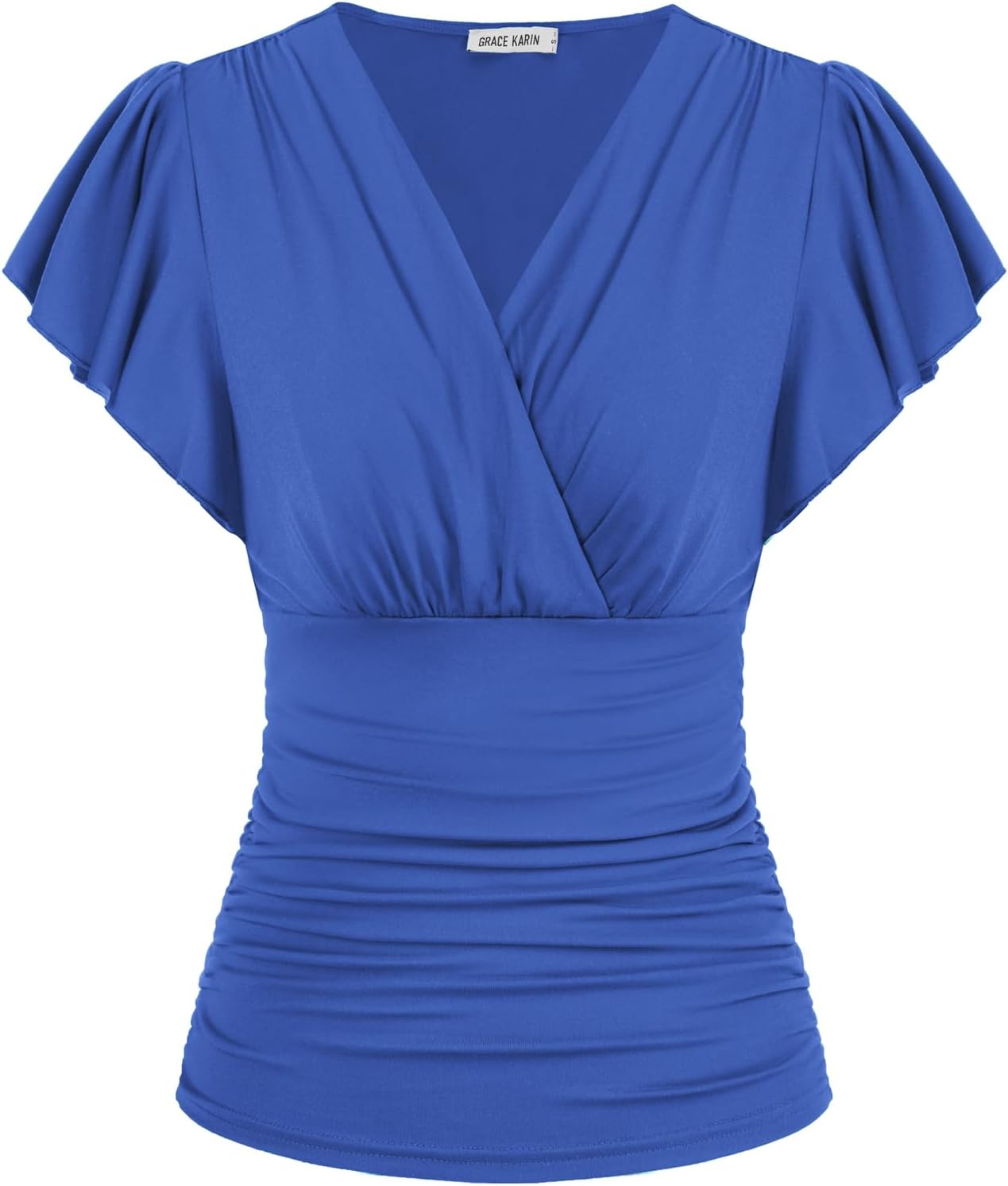 Detalle de GRACE KARIN Women’s V-Neck Ruched Summer Top with Ruffle Sleeves (Short Sleeve)
