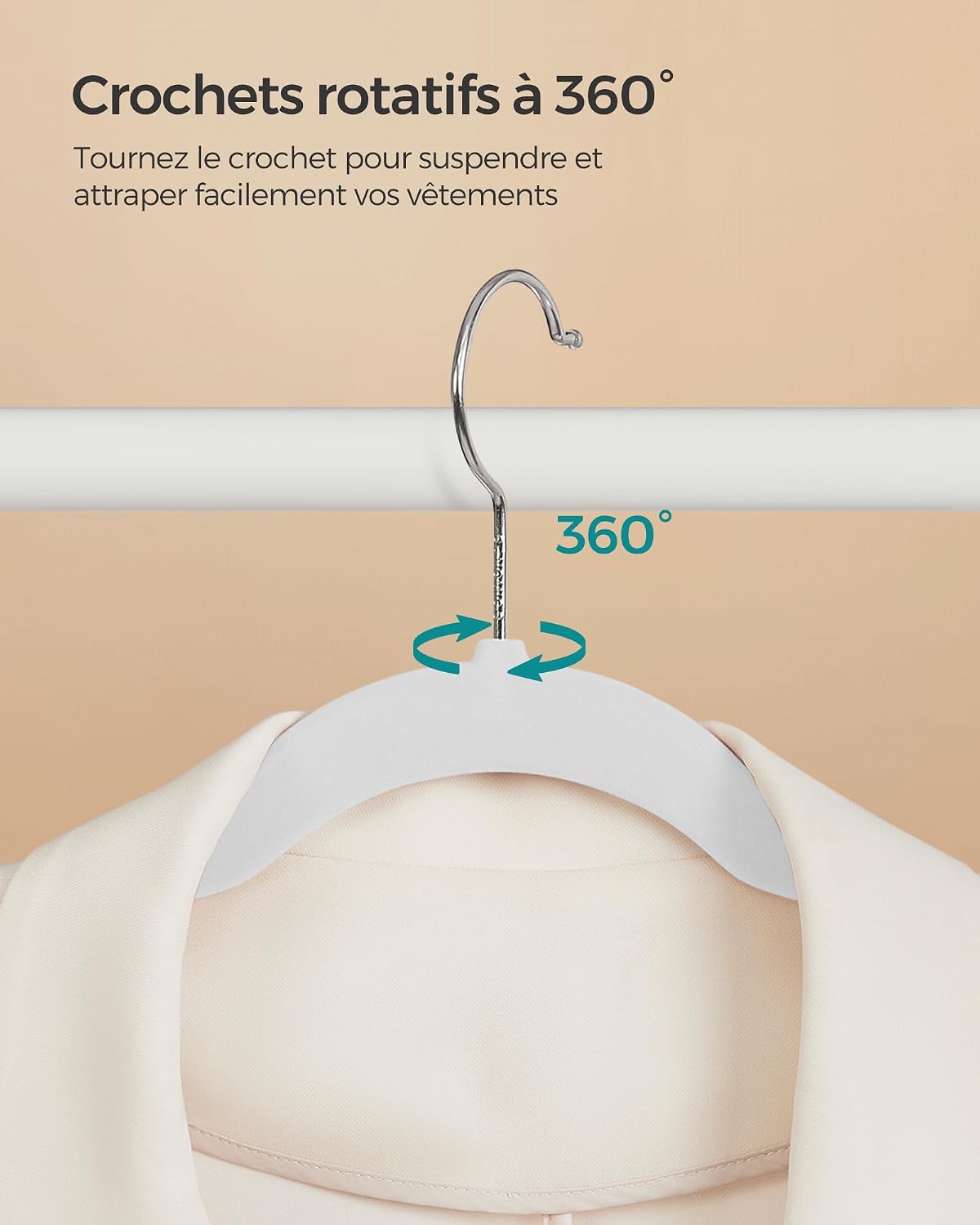 Thumbnail 6 de SONGMICS CRF026W20 – Lot de 20 cintres en velours adulte avec crochets pivotants 360° (argent et blanc) 41,5 cm